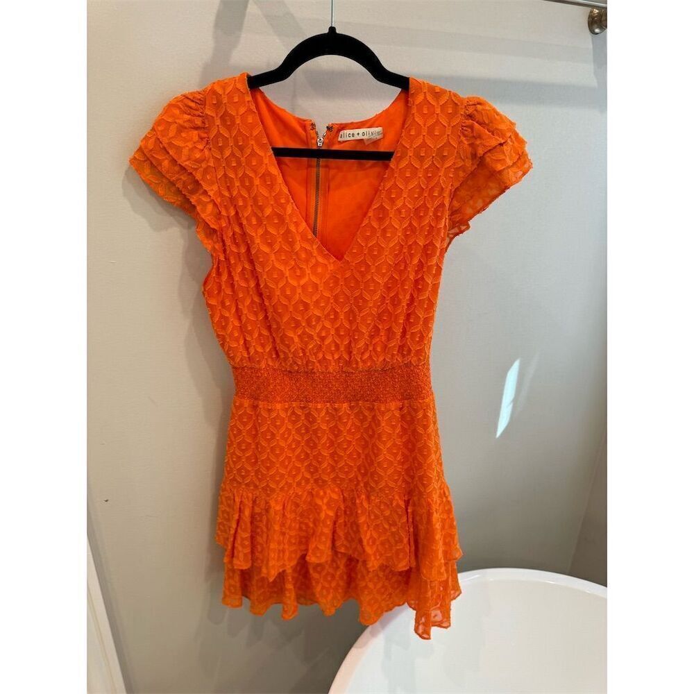 Alice + Olivia Women's Orange Ruffled Tiered Knee Length Dress M - Picture 3 of 6